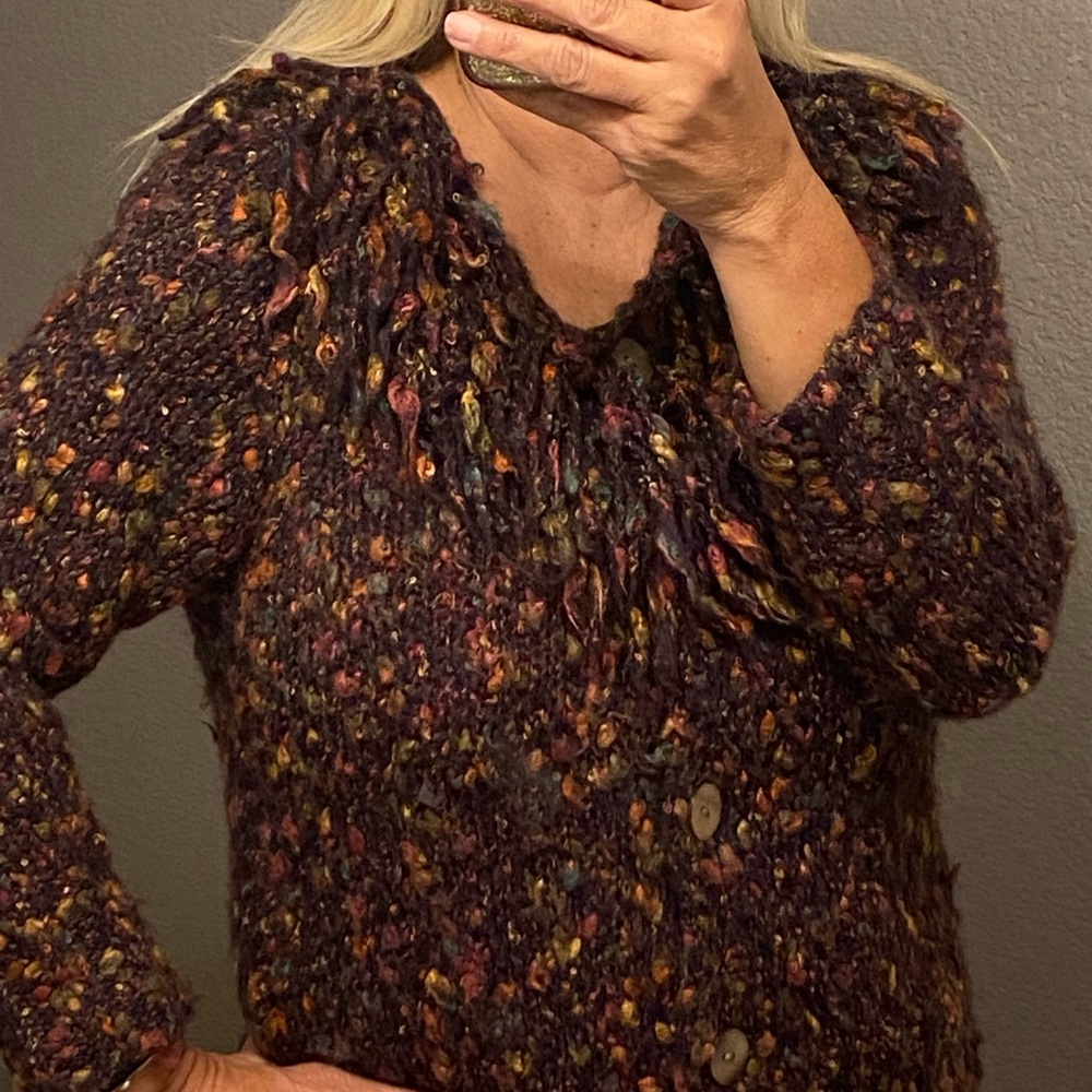 Ruby Rd Textured Cardigan Sweater Multicolor Confetti Purple Fringe